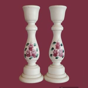 Wooden Shabby Chic Romantic Cottagecore Hand painted Candlestick Holders Floral